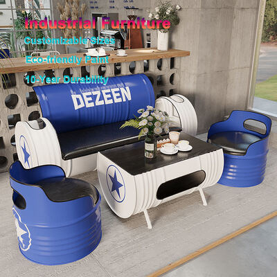 Buen precio Muebles de tambor de aceite de metal azul blanco tambor de aceite mesa y sillas en línea