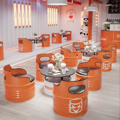 Buon prezzo Tavolo e sedia per tamburi d'olio personalizzati Tavolo e sedia per caffè industriale Tavolo e sedia set arancione per latte Bar da tè in linea