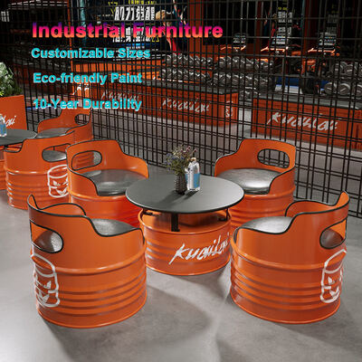 Quality Durable Iron Frame Industrial Bar Furniture with Premium PU Leather and Customizable Colors Oil Drum Table and Chair factory